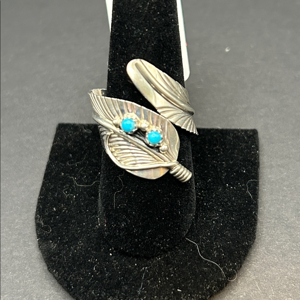 JTV Silver Feather Ring with Turquoise Accents